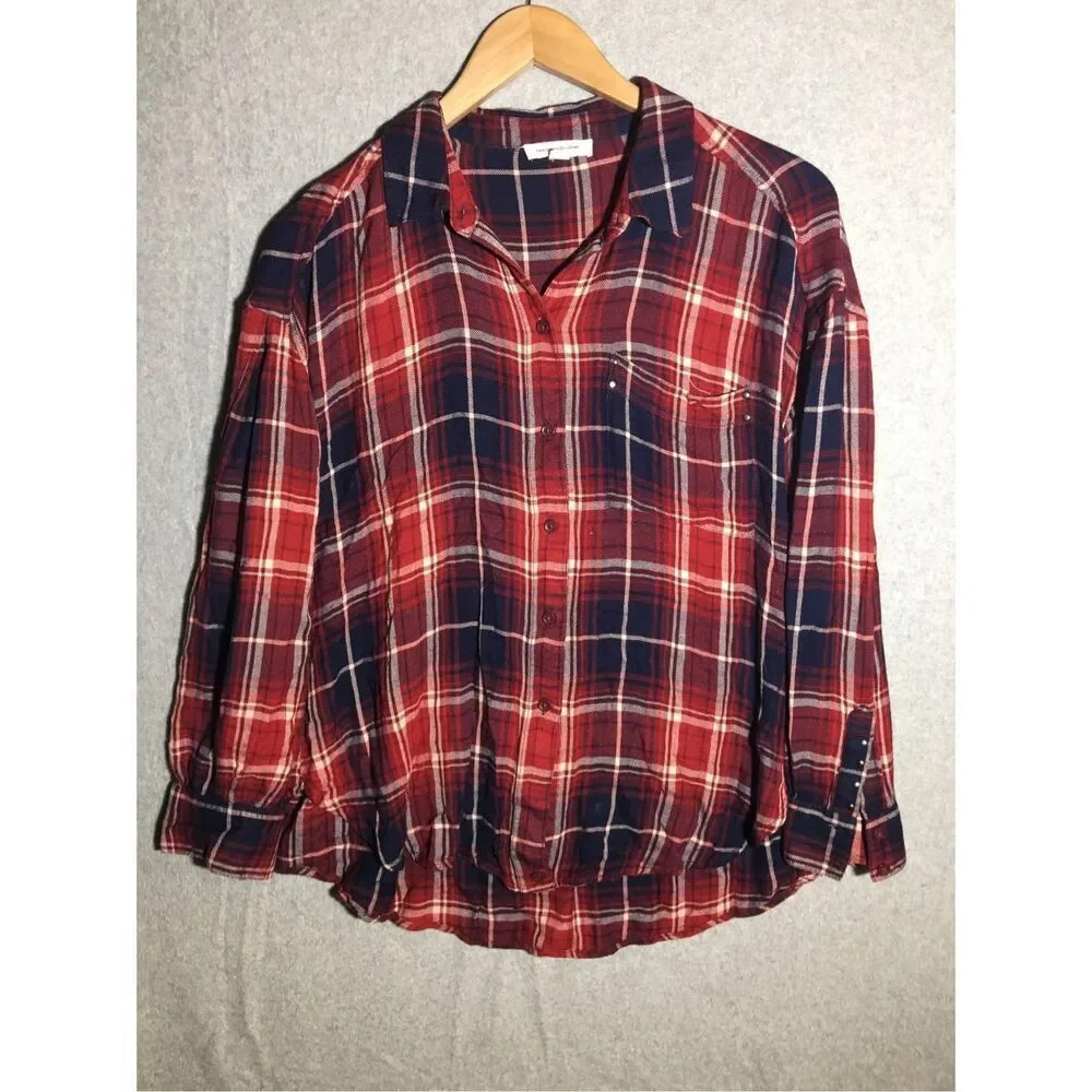 Womens Beachlunchlounge Button Up Shirt Red Plaid Casual Spring Transitional